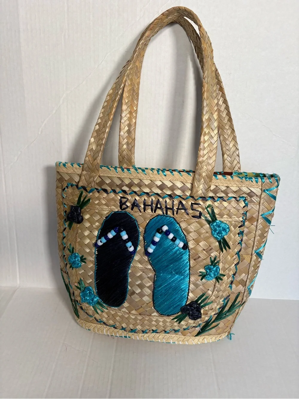 Vintage Bahama Wicker Blue Flip-Flop Embellished Souvenir Straw Tote